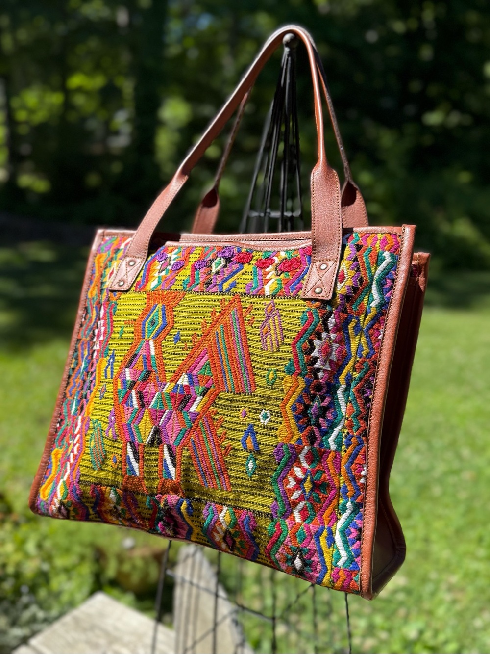 Colorful Hand-Embroidered Tote with Brown Trim